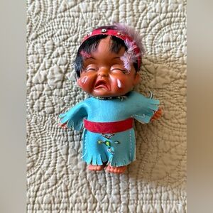 Vintage Moodys Native American Baby Doll in Blue Dress with Red Headband 1960s
